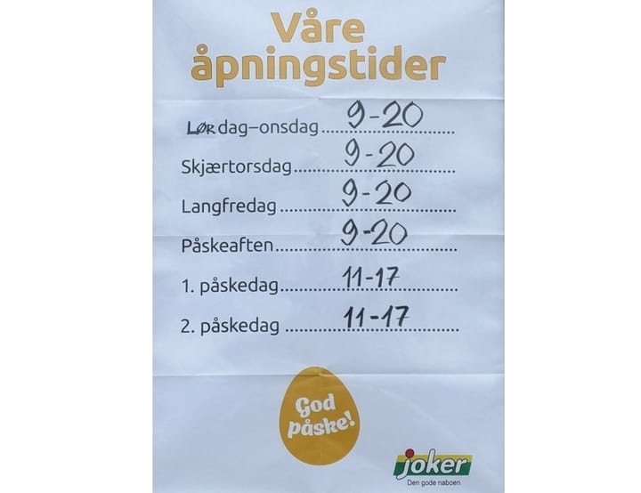 Åpningstider på Joker i påsken